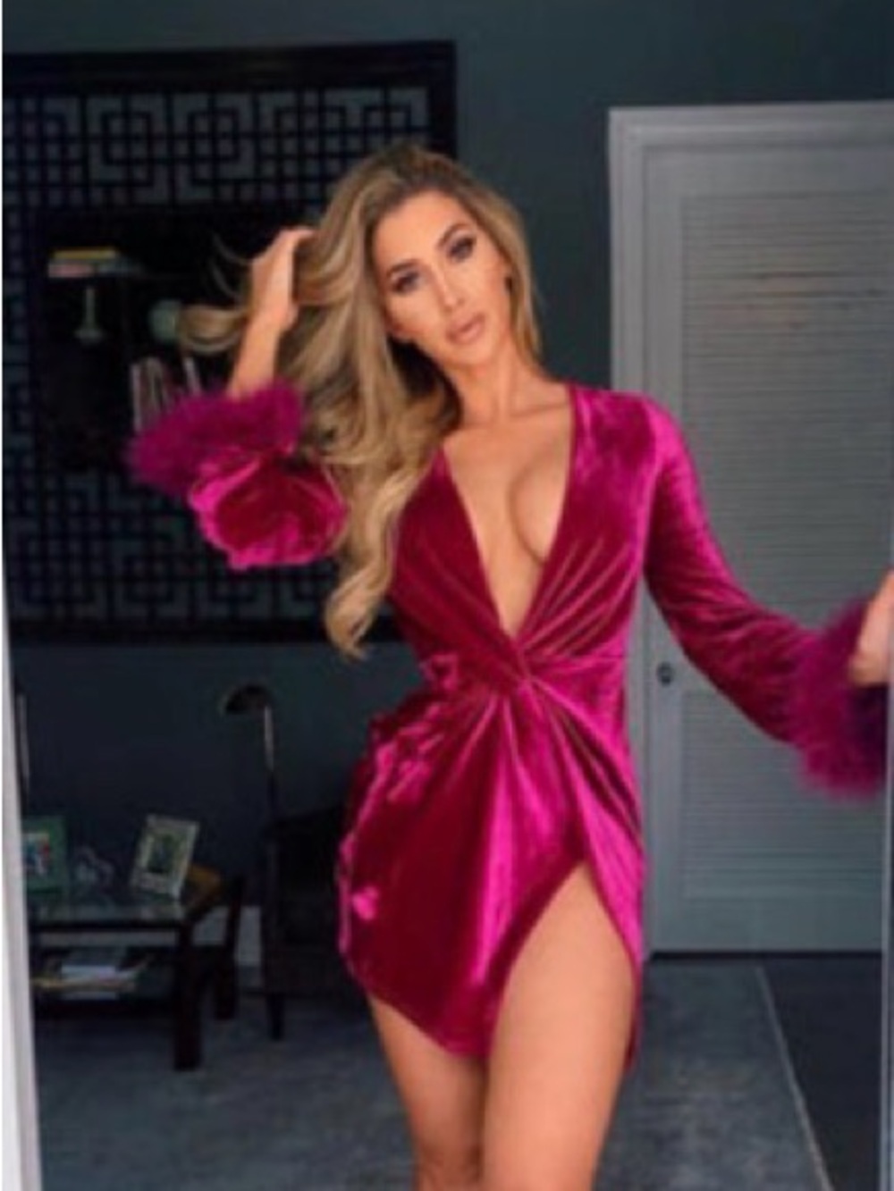 Fashion Nova Fuchsia Velvet Long Sleeve Twist Front Plunge Neck Mini Dress